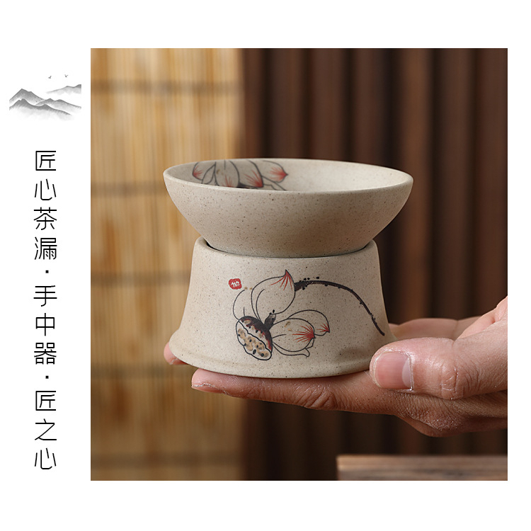 Lọc Trà, Lược Trà Bằng Gốm Tuyền Châu Họa Tiết Hoa Sen Lưới Lọc Rất Mịn