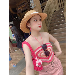 [Minh Thư Handmade] Áo Croptop Len Móc PINK HEART - Áo Hai Dây Họa Tiết Trái Tim Crochet Thủ Công Sexy Y2K (Sẵn HCM)
