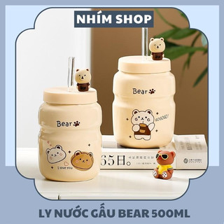 Ly nước gấu bear 500ml cốc uống nước hình gấu bằng sứ có nắp siêu đáng yêu