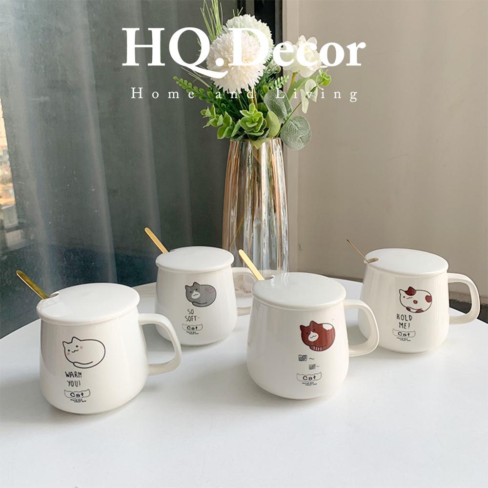 Cốc sứ, ly sứ uống nước họa tiết hình mèo - Có nắp kèm thìa - Thể tích 400ml - HQ.DECOR - mã HQ411