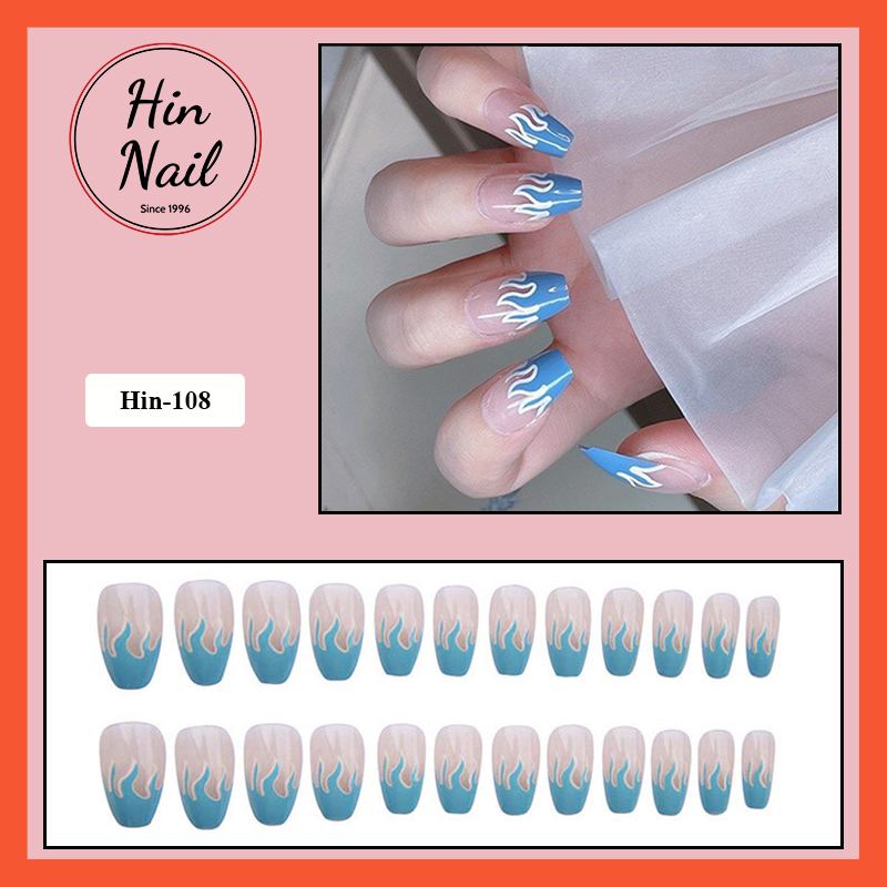 móng tay giả kèm keo dán họa tiết ngọn lửa xanh Hin Nail