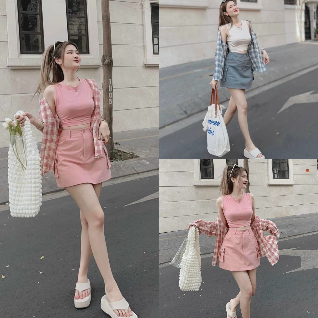 Set bộ đồ nữ 3 món áo ba lỗ croptop kèm áo khoác kẻ caro mix chân váy chữ A xinh xắn dành cho các nàng đi biển, dạo phố