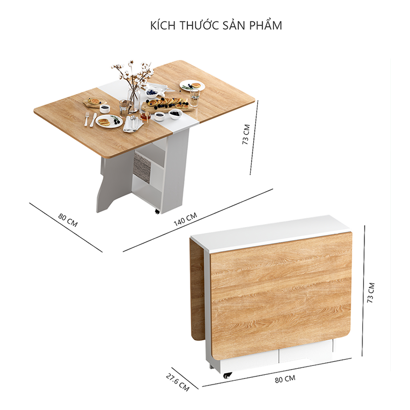 Bàn ăn thông minh gấp gọn có kệ để đồ bánh xe di chuyển 360 phù hợp ghế gập phòng khách- BATM5