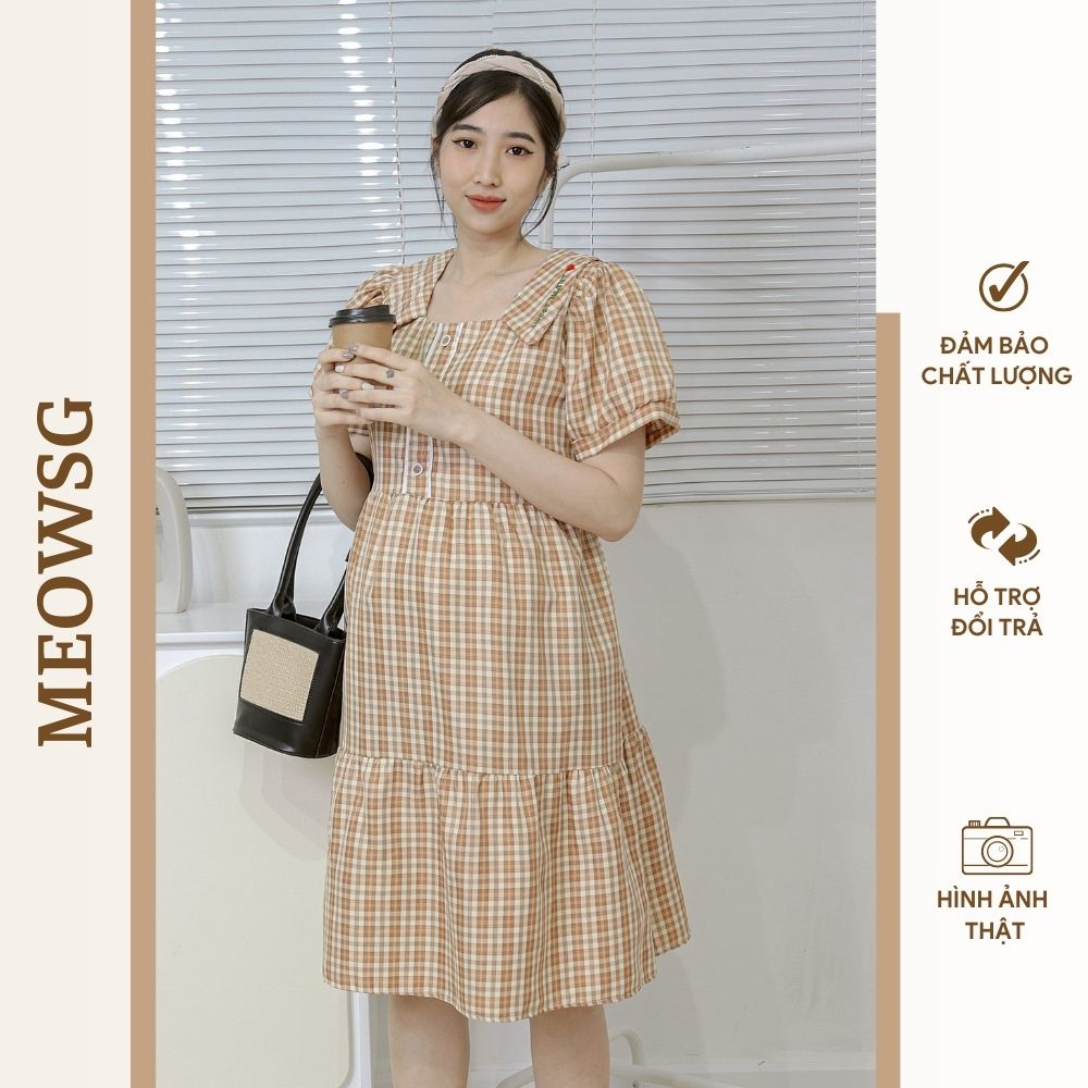 Đầm váy bầu công sở phom suông MEOWSG , thiết kế cổ sơ mi, họa tiết caro phù hợp đi làm đi chơi ĐBM0008