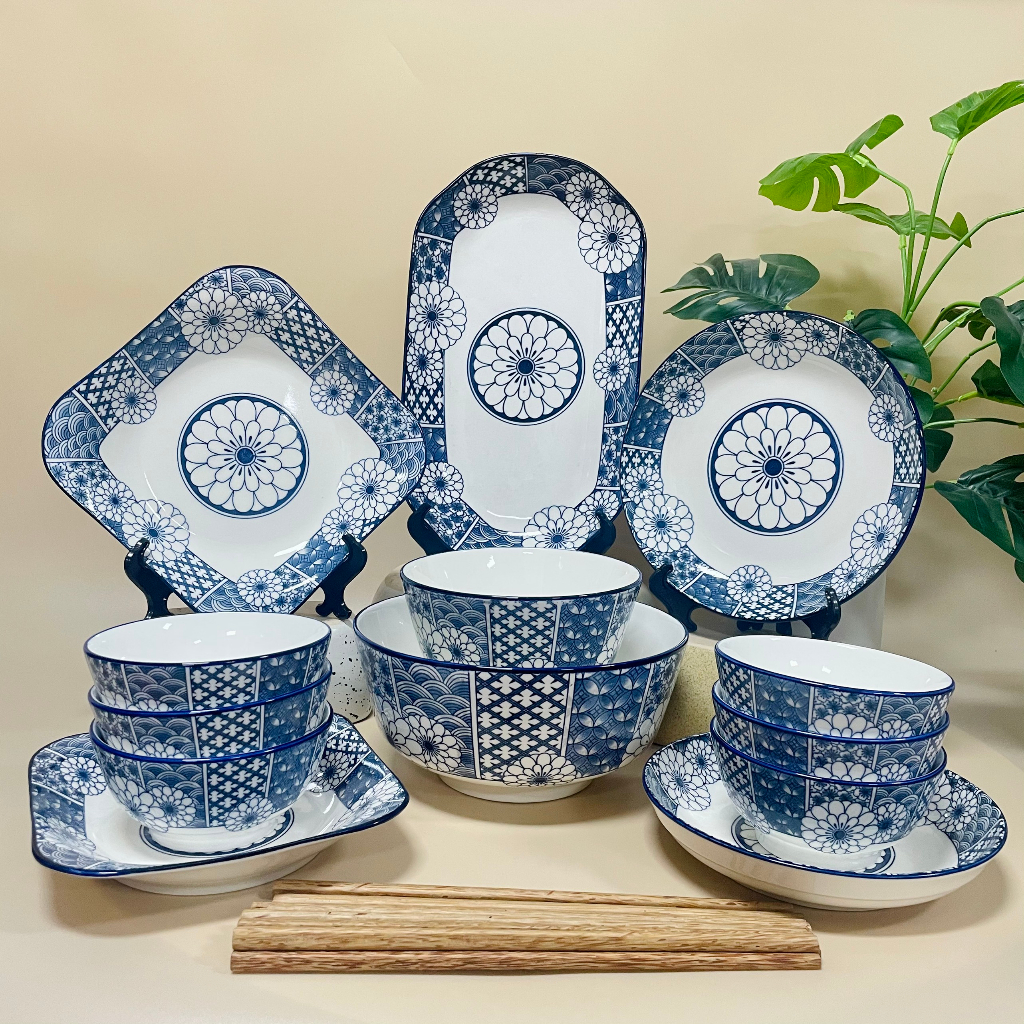 Bộ bát đĩa chén đĩa cao cấp họa tiết cúc lam thương hiệu Gosu sáng mịn