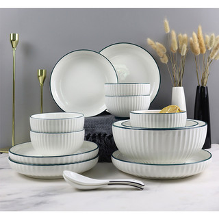 Bộ bát đĩa gốm sứ gosu trắng viền xanh sang trọng chén dĩa decor