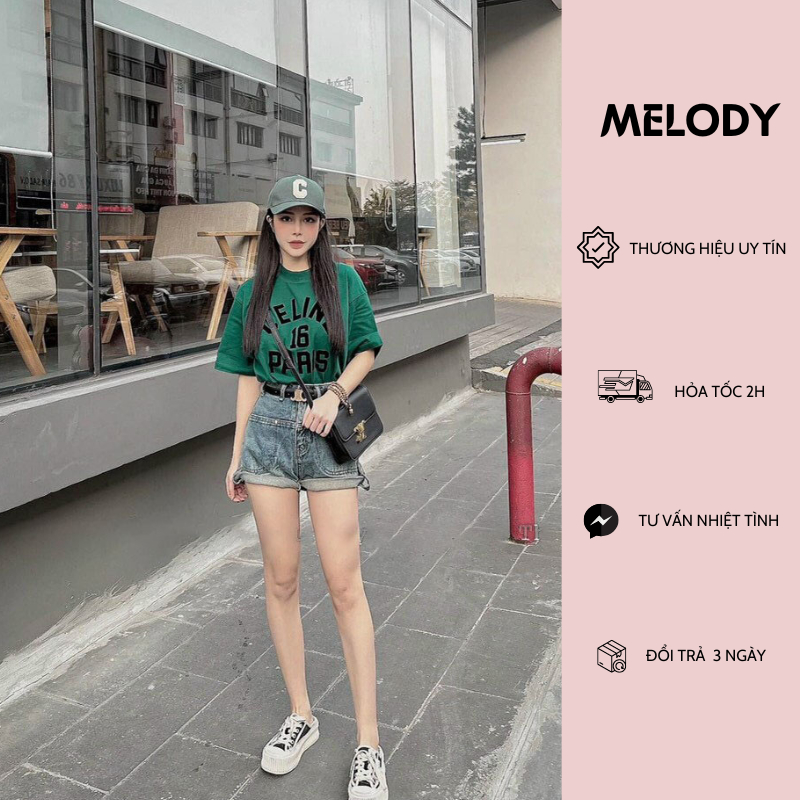 Quần short jean nữ cạp cao kèm belt Ce.Line xắn gấu chuẩn hàng QCL1