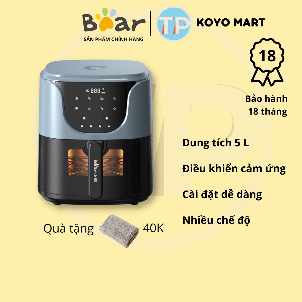Nồi chiên không dầu Bear QZG-E16C5, 5L, chính hãng, nướng thịt, nướng bánh mì, quay thực phẩm, nồi chiên cảm ứng