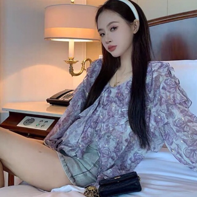 Áo voan bèo hoa nhí màu tím tay dài cổ chữ V cho nữ mùa hè