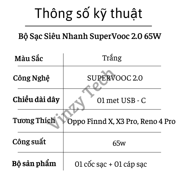 Bộ Sạc Siêu Nhanh SuperVOOC 2.0 65W Cho OPPO - Cáp Type C SuperVOOC 1m Vinzy bảo hành 6 tháng