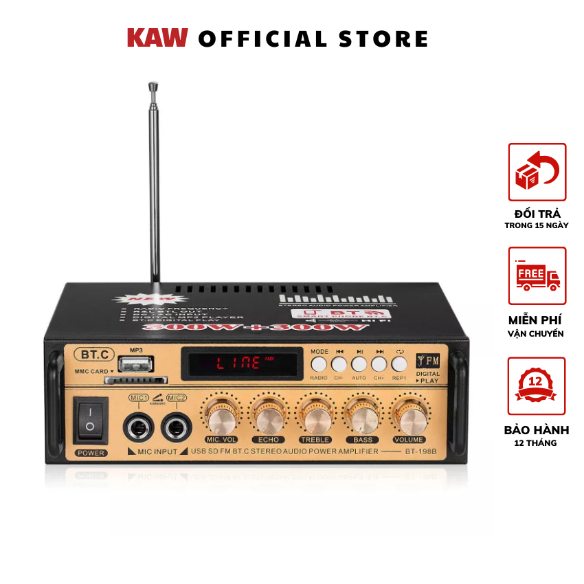 Amply karaoke gia đình KAW Bluetooth BT-298A Công Suất 2 Kênh 600W