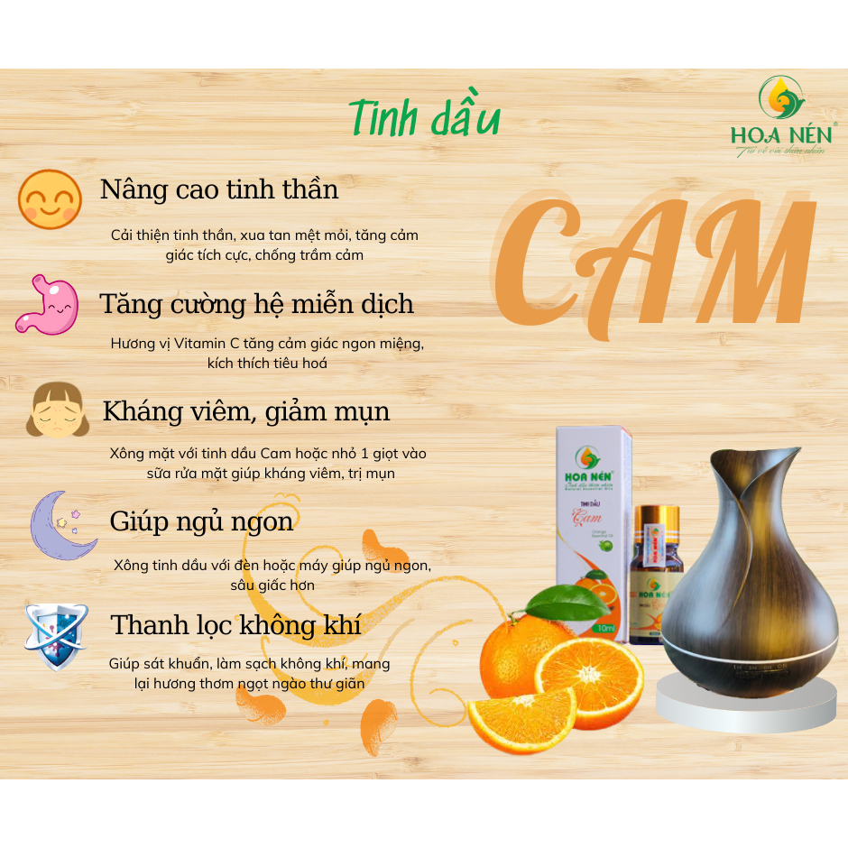 Tinh dầu Cam nguyên chất - Hoa Nén - Hương thơm ngọt, kh.ử mùi, giảm ẩm mốc, đuổi muỗi - 10ml