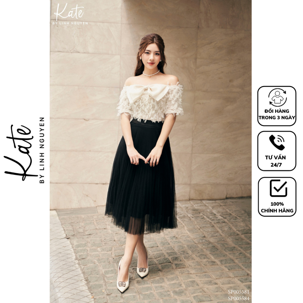 Áo quây chun trắng nơ 5581 chân váy dập ly quạt lưới 5584 thời trang thiết kế Kate by Linh Nguyen
