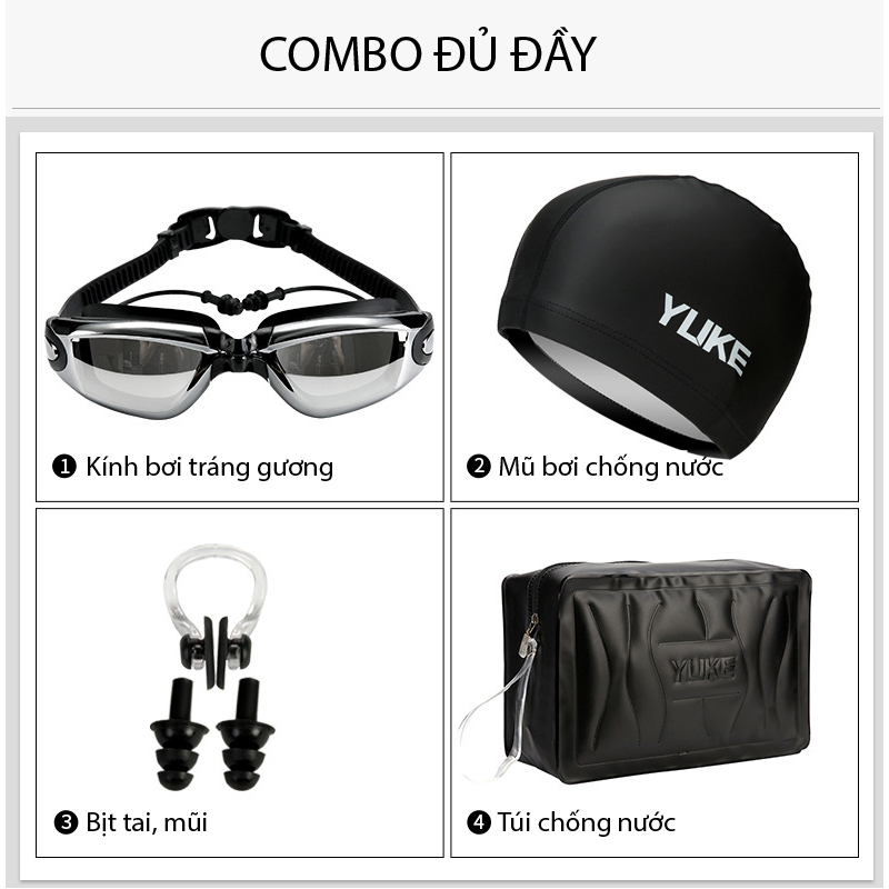 Kính Bơi YLIKE Tráng Gương Kèm Mũ Bơi Nút Tai Bịt Mũi Túi Đựng Đồ Bơi