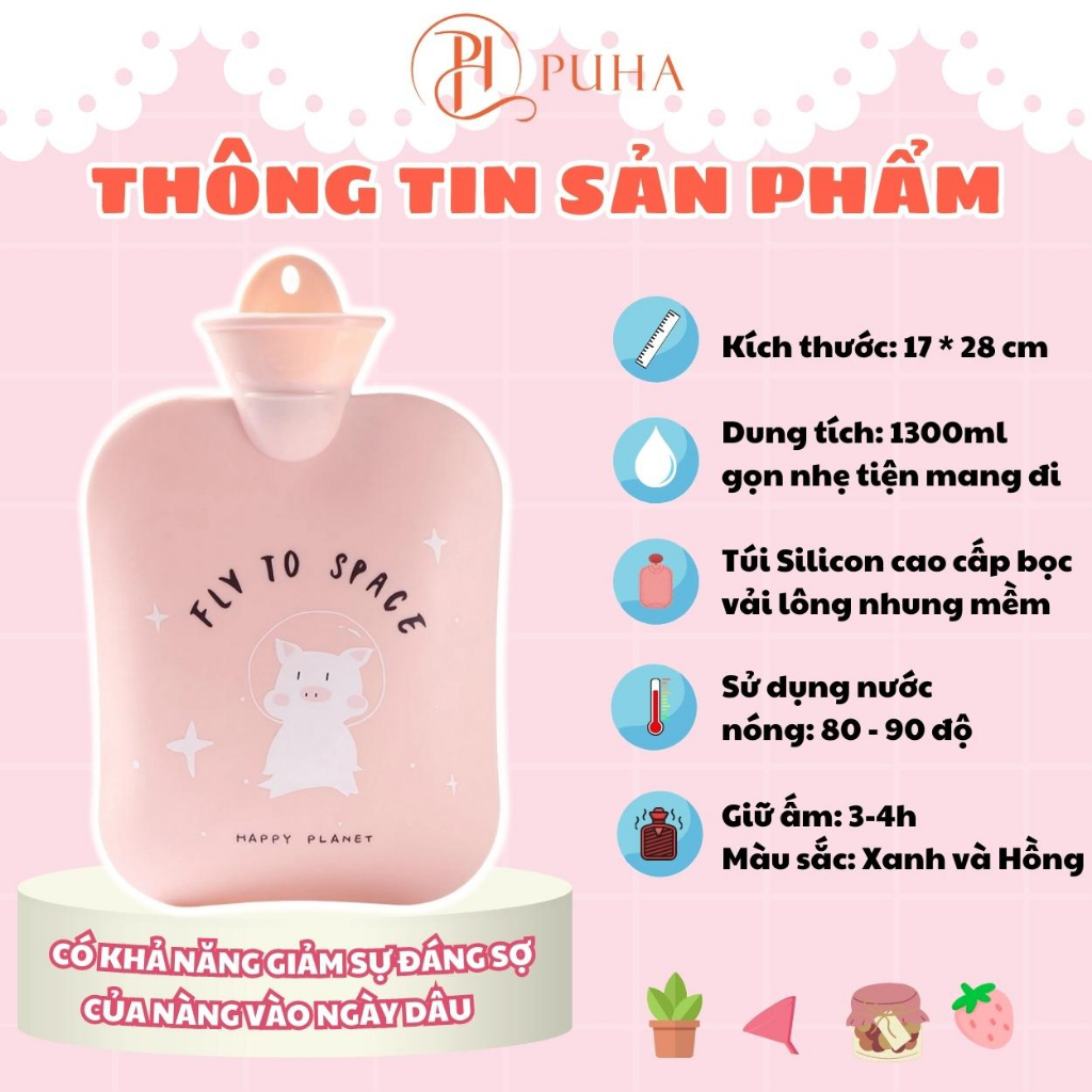 Túi chườm nóng lạnh đa năng Puha 1300ml giảm đau bụng kinh hiệu quả họa tiết chú heo con dễ thương