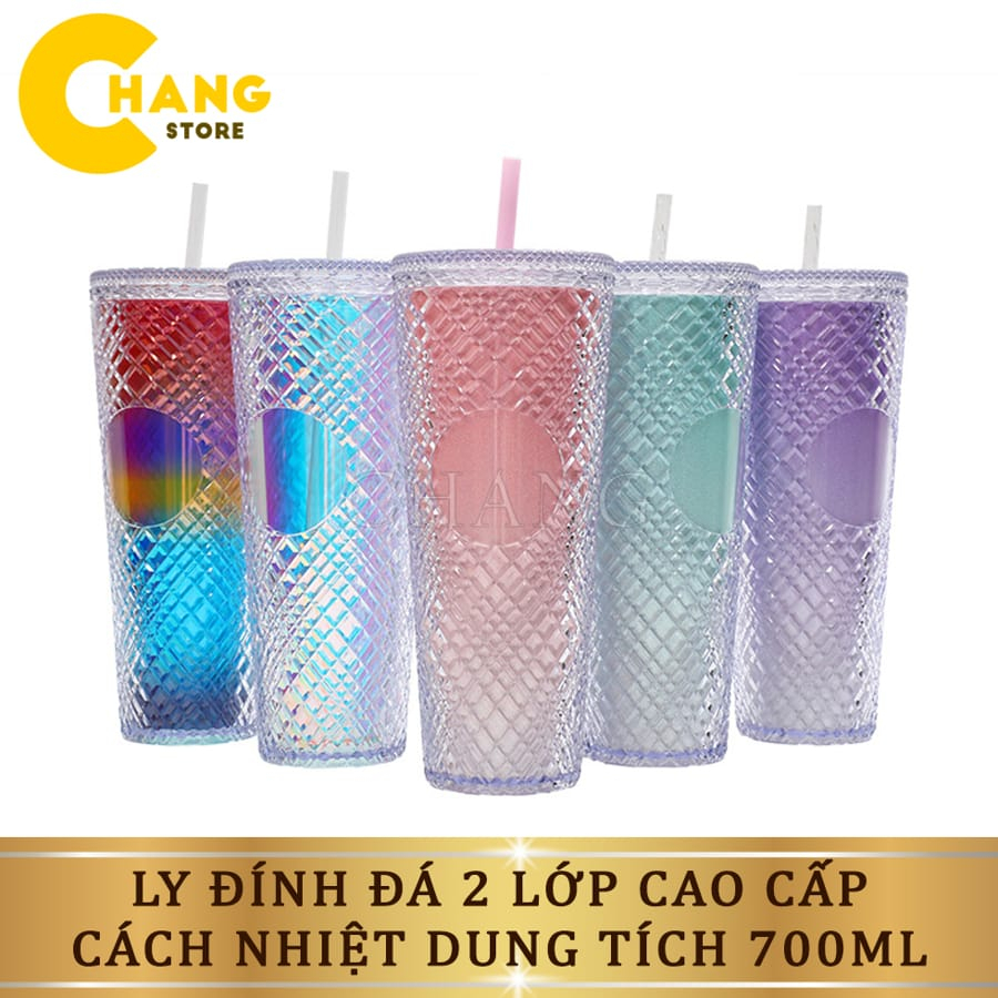 Ly Kim Cương 2 Lớp Cách Nhiệt Cao Cấp, Chất Liệu PP Cách Nhiệt 2-3h + Tặng Kèm Ống Hút, Túi Đựng