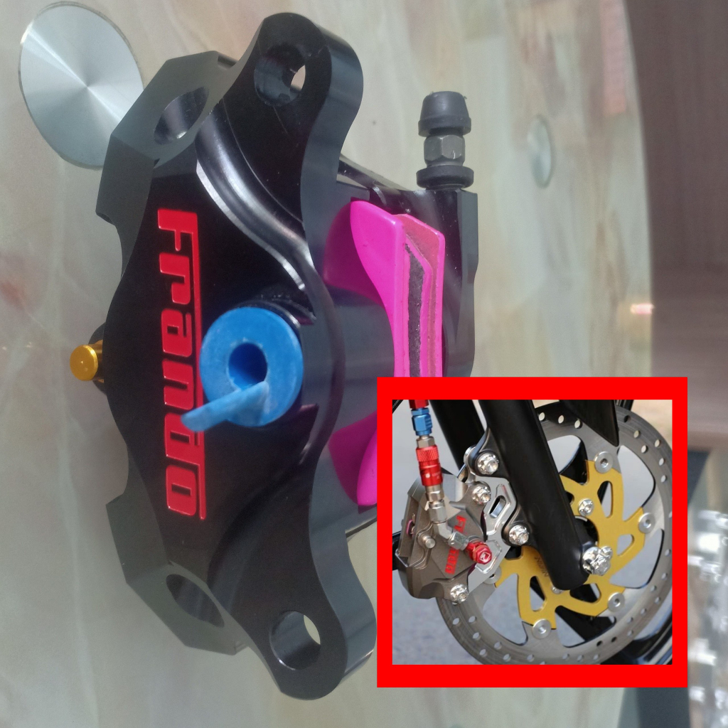 Combo chân trước cho ex150 mâm 4 lỗ_heo franđo logo đỏ, bố hồng, Đĩa yaz, pát cnc_sản phẩm như hình