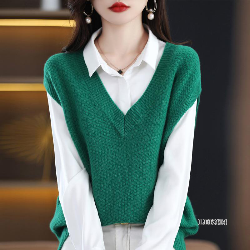 LEK404 - Áo len gile nữ ngắn tay, cổ chữ V, thời trang thu đông, chất len mềm mịn