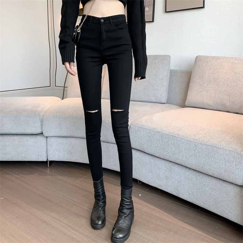 Quần jean legging nữ, Quần bò rách trên gối lưng cao siêu co giãn tôn dáng thời trang