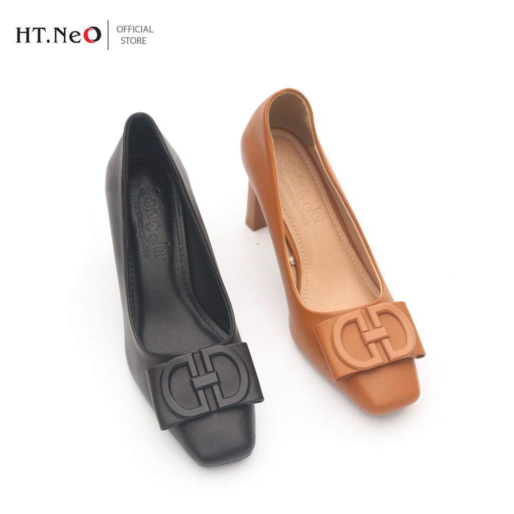 Giày công sở - Giày cao gót nữ HT.NEO da bò mềm mại ,gót cao 7cm ,thiết kế nơ vuông sang trọng , lịch sự GC25