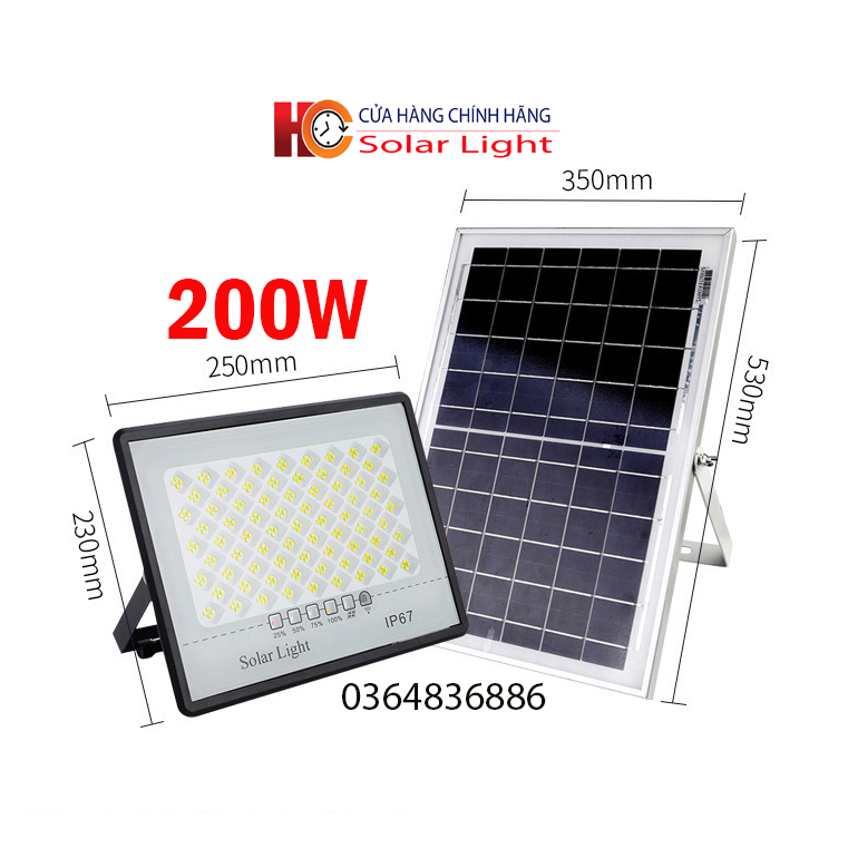 Đèn năng lượng mặt trời Solar Light 200W, Vỏ nhôm, Tấm pin rời, Đèn led, Ánh sáng trắng