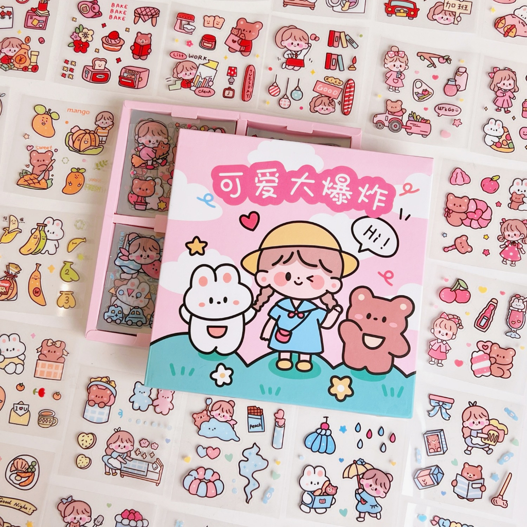 Sticker cute hộp 100 tấm làm quà tặng, hình dán sổ tay trang trí DIY họa tiết dễ thương