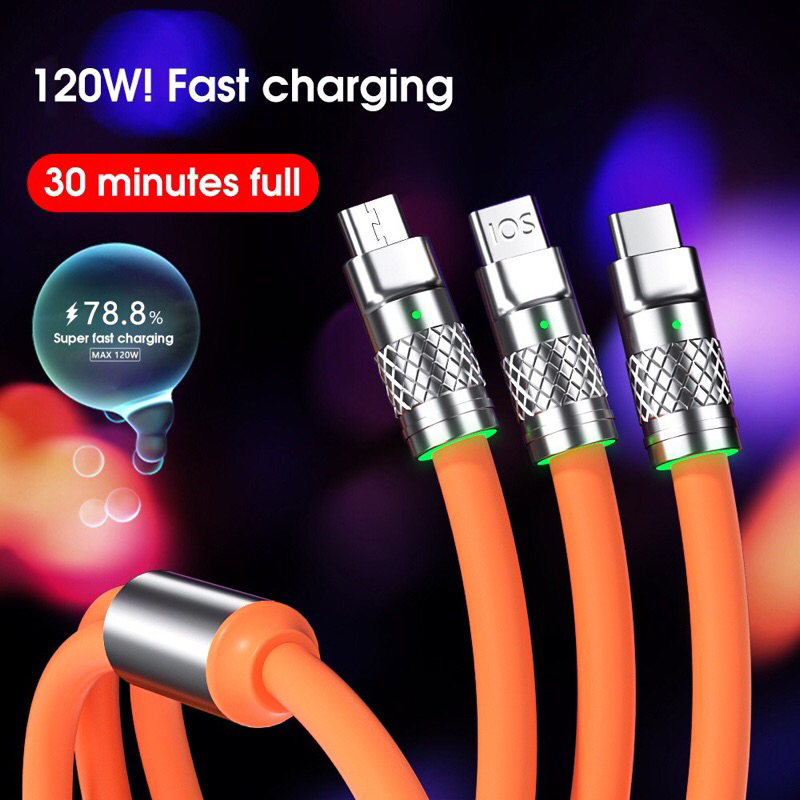 Dây Cáp Sạc Nhanh 6A 120W 3 Trong 1 Cổng micro usb Loại c Cho iphone 14 13 Samsung Xiaomi Huawei
