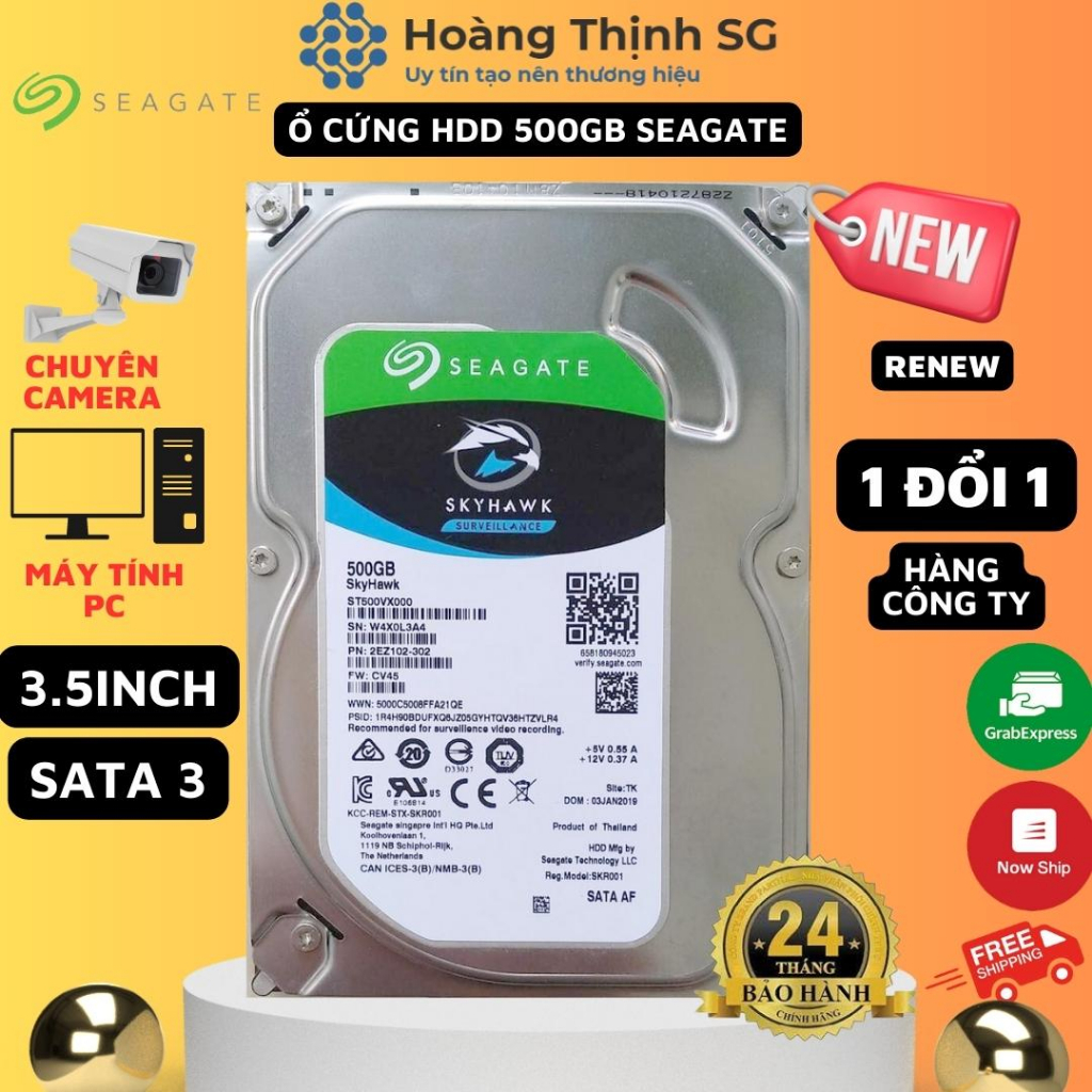 Ổ cứng HDD 500GB SEAGATE SATA3 - 3.5inch chuyên cho camera, máy tính bàn PC, chính hãng bảo hành 3 năm