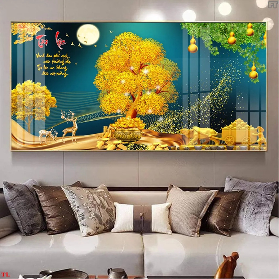 TRANH TRÁNG GƯƠNG CÂY KIM TIỀN VÀNG LỘC(TẶNG KÈM ĐINH TREO)