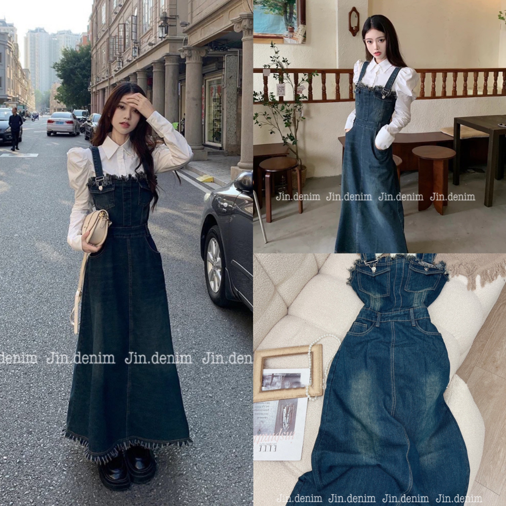 Váy yếm đầm bò jean denim dáng dài xòe chữ A 2 dây bản to, dây cài ngực tua rua thiết kế cao cấp 010