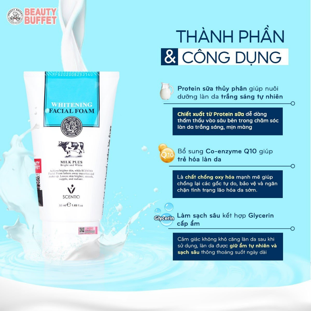 [Cleanser] Sữa rữa mặt tạo bọt làm trắng da Beauty Buffet Scentio Milk Plus Q10 50ml