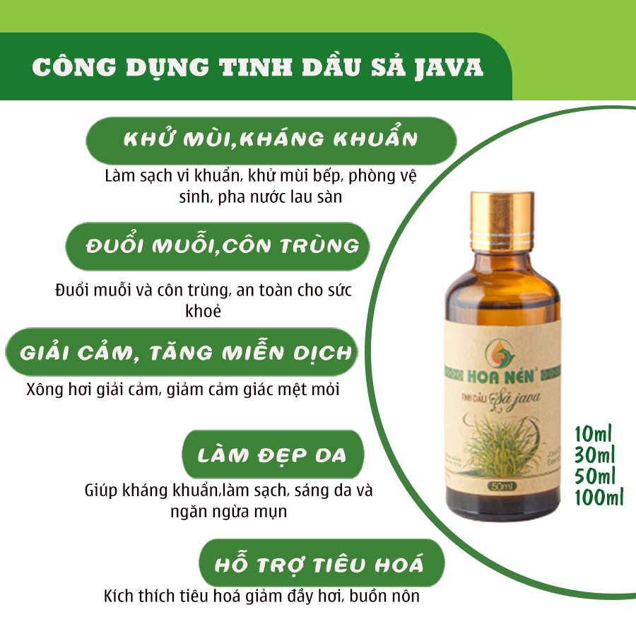 Tinh dầu Sả Java nguyên chất - Hoa Nén - Hương thơm mát, khử mùi, ẩm mốc, đuổi muỗi, côn trùng - 100ml