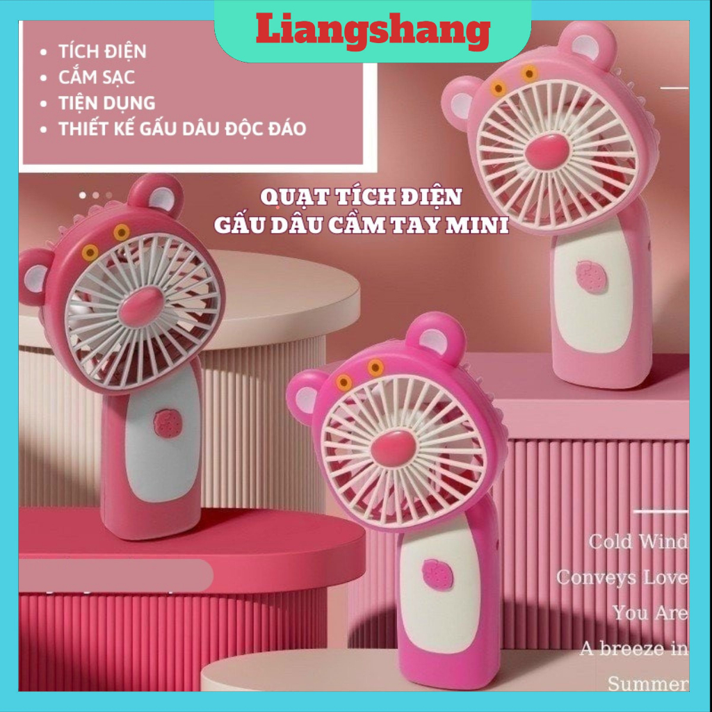 QUẠT MINI GẤU DÂU - Quạt tích Điện cầm tay gấu hồng kèm dây sạc tiện lợi đi học, đi làm, dã ngoại