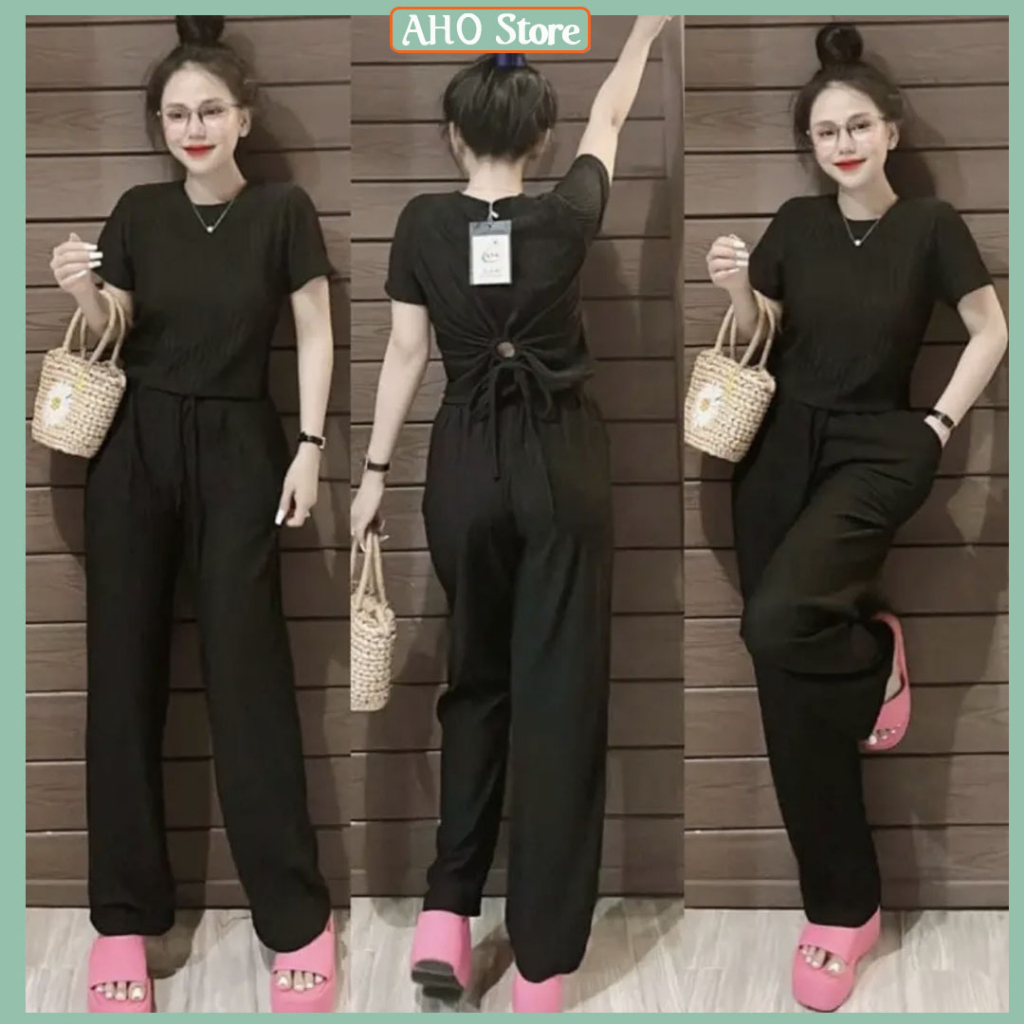 Bộ Đồ Nữ Đũi Xốp Áo Thun Trơn Cut Out Lưng Dây Rút Sau Mix Quần Đũi Xốp Trơn Dáng Suông Ống Rộng Freesize