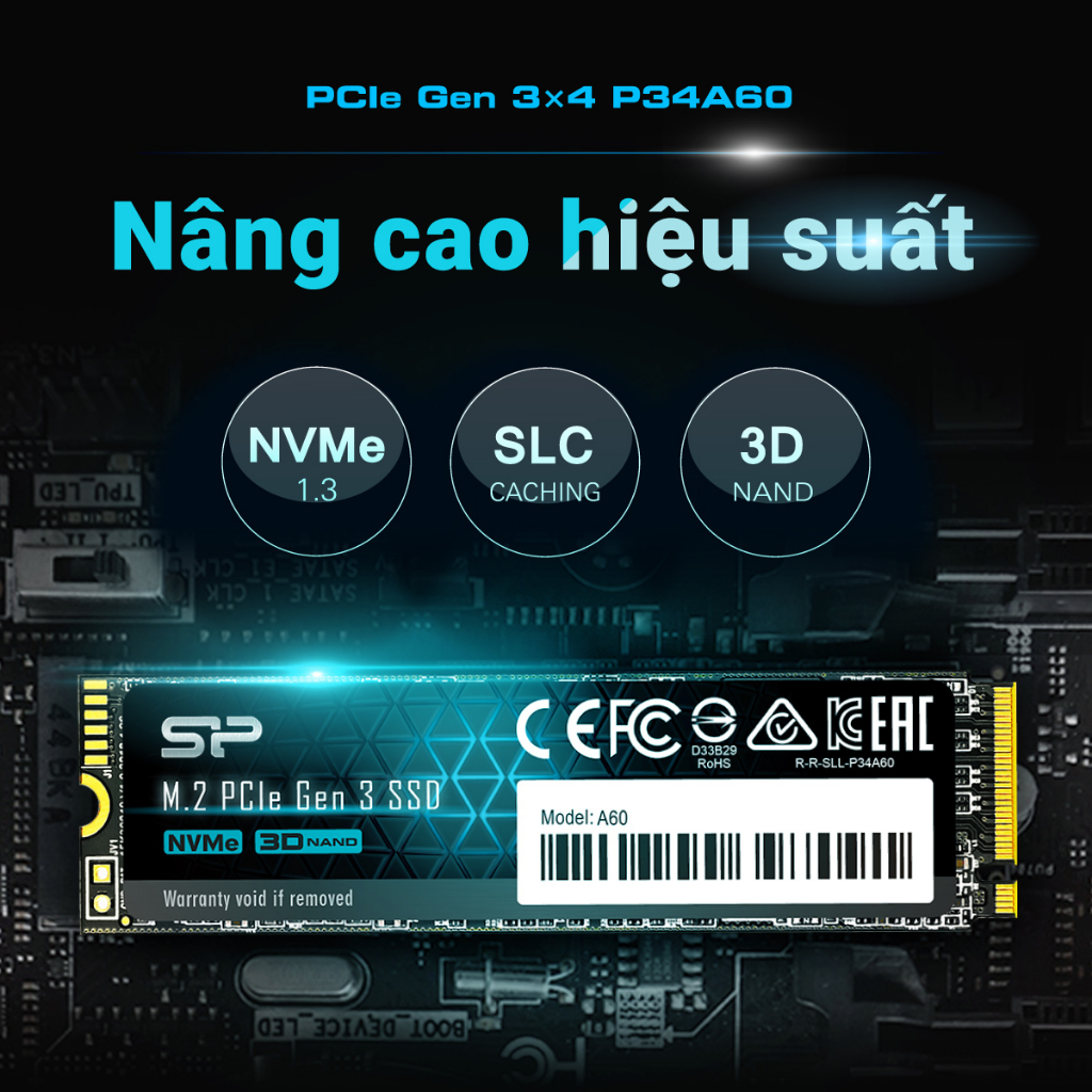 Ổ cứng SSD M.2 NVME Silicon Power Đọc/Viết (tối đa) 2,200 MB/s.1,600MB/s 128GB 256GB 512GB 1TB M.2 2280 PCIe Gen3x4 _A60