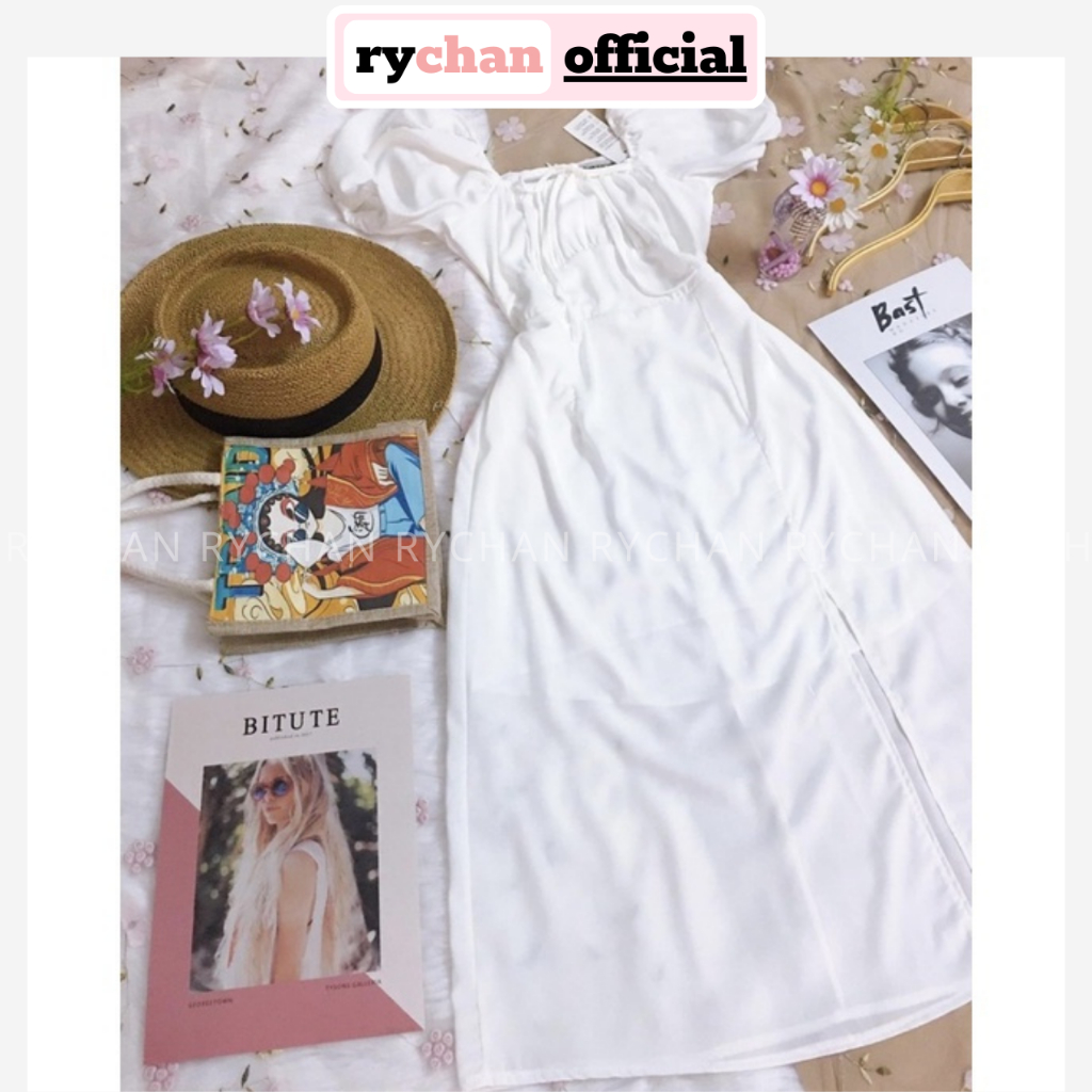 Đầm Xòe Midi Trắng Ngực Nhún Thắt Nơ Xẻ Tà Lót Trong Dày Dặn  - DX9967