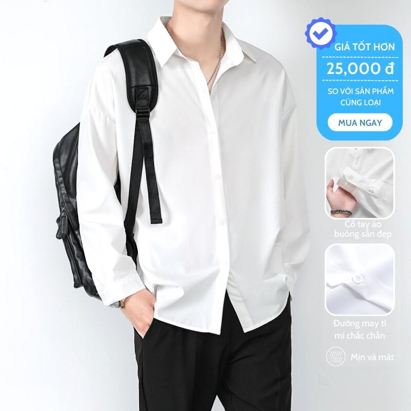 Áo sơ mi nam đẹp unisex trơn form rộng vừa áo trắng đi học nam vải mịn mềm mại phong cách Hàn Quốc Oreno