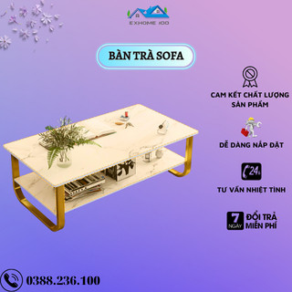 Bàn trà sofa phòng khách, bàn trà mặt gỗ họa tiết giả đá cẩm thạch, kết cấu khung kim loại sơn tĩnh điện