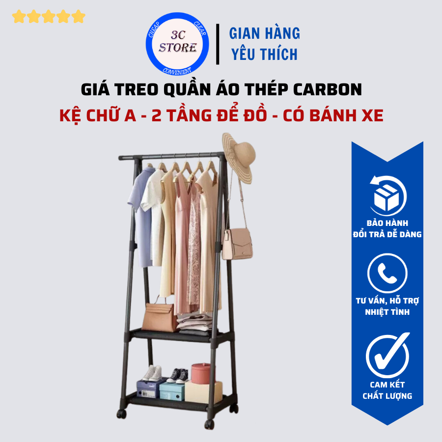 Kệ Treo Quần Áo Chữ A Sắt Thép Carbon 2 Tầng Có Bánh Xe Di Chuyển