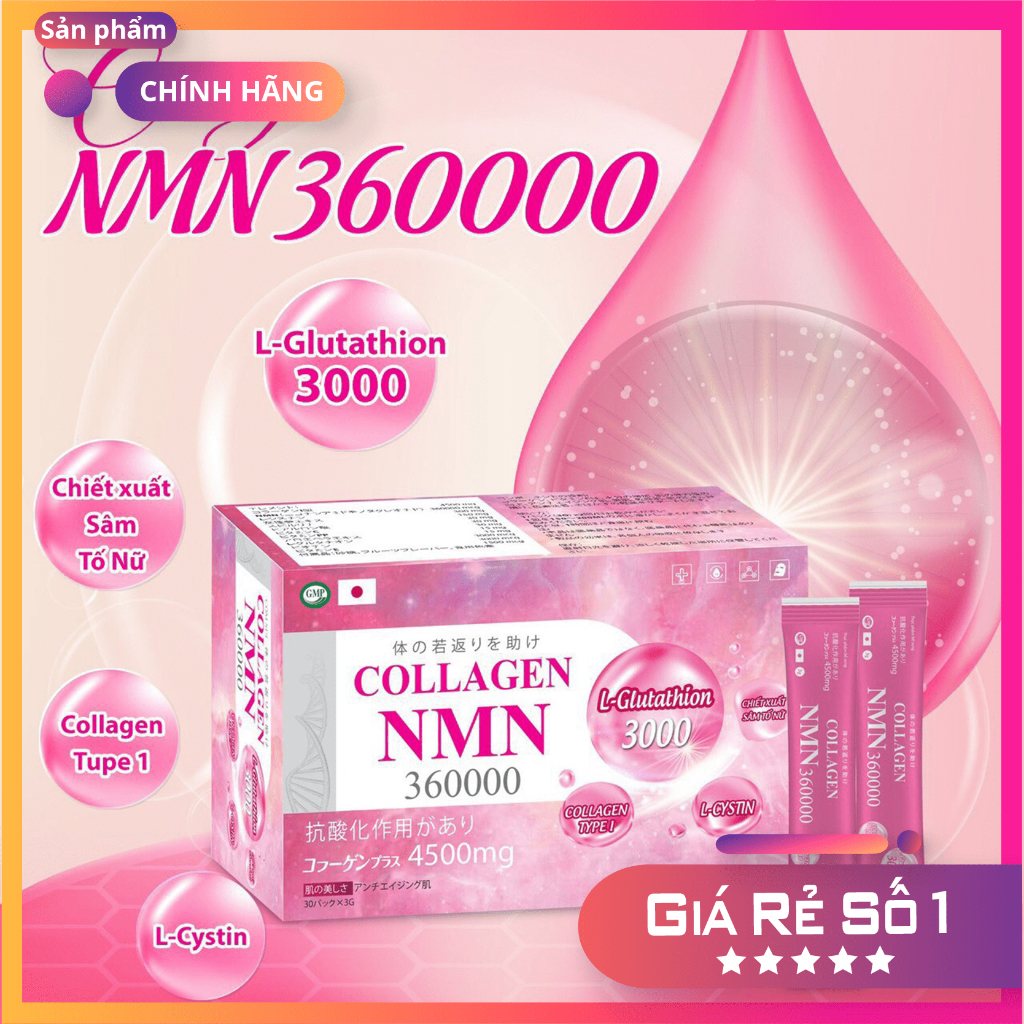Collagen NMN 360000 chính hãng cho da sáng, mịn màng, làm chậm quá trình lão hóa da hộp 30 gói
