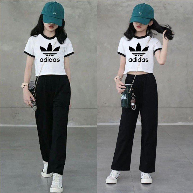 Sét áo thun croptop phối quần ống suông dành cho bé gái ADIDA.S thun cotton đẹp mát cao cấp sành điệu KIDS GENZ
