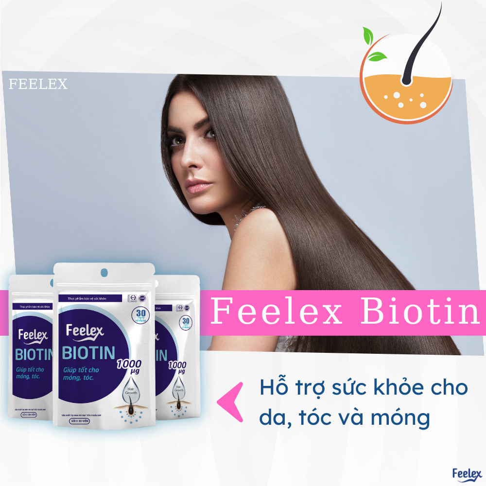 Viên uống Feelex Biotin ngăn rụng tóc, hỗ trợ mọc tóc Biotin gói 30 viên (30 Ngày)