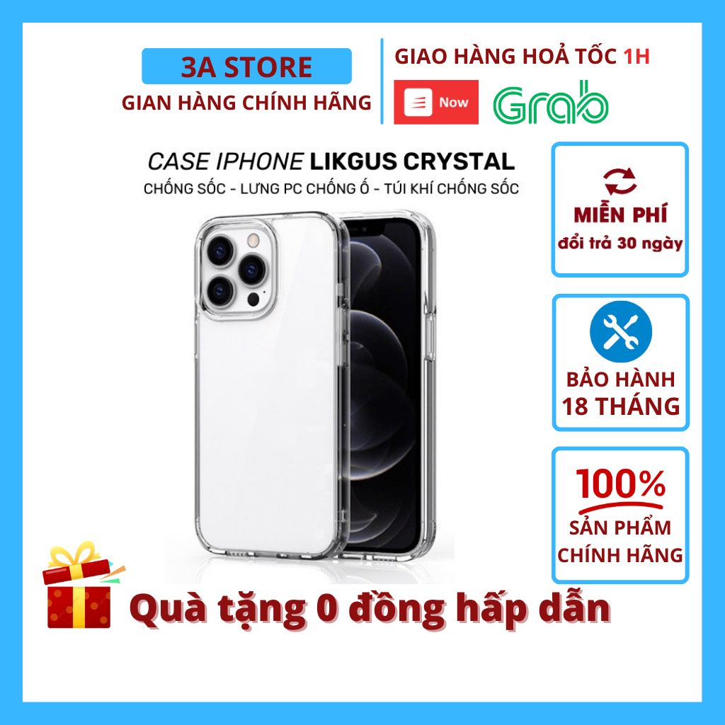 Ốp lưng iphone trong suốt Likgus Crystal bảo vệ camera chống ố vàng viền dẻo chống sốc ip 11 12 13 14 pro max 3astore