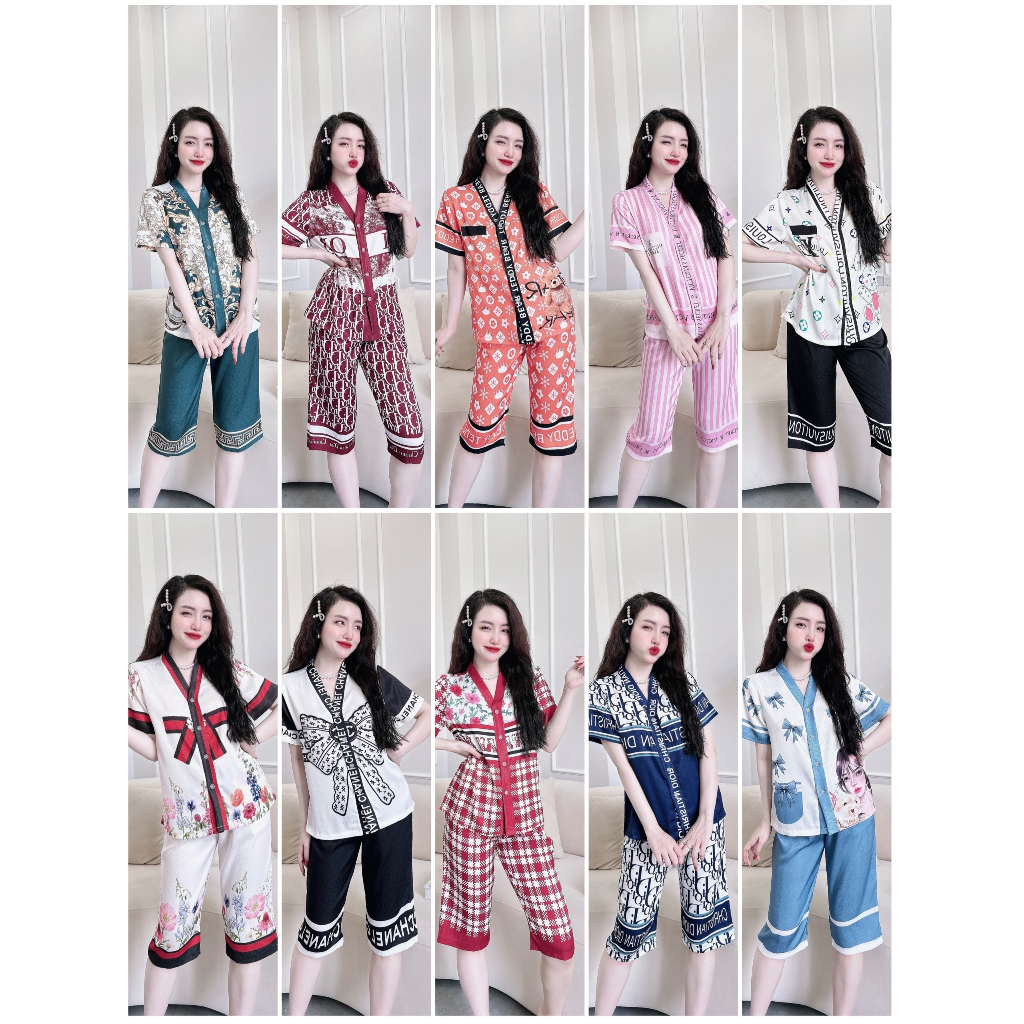 Bộ đồ ngủ nữ cao cấp cổ V chất lụa xước mềm mại thoáng mát không nhăn nhão s942 - Đồ ngủ xinh Vy Linh