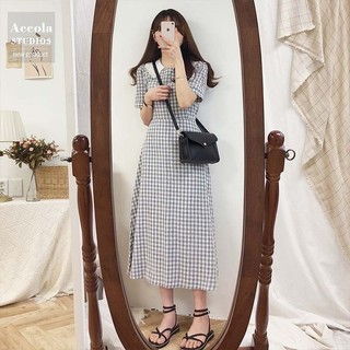Đầm caro cổ tròn phối ren thêu