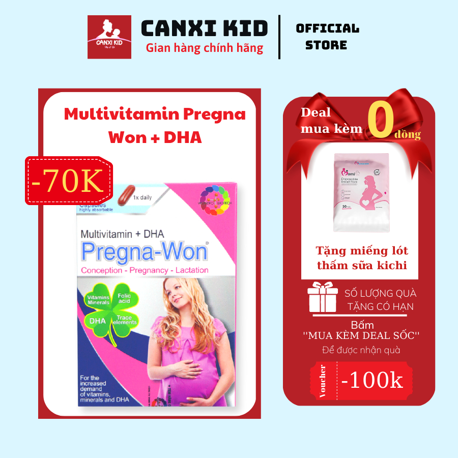 Viên uống Vitamin PregnaWon hộp 30 viên - Nhập khẩu Đức - Canxikid bổ sung 25 loại vitamin, DHA dành cho mẹ bầu.