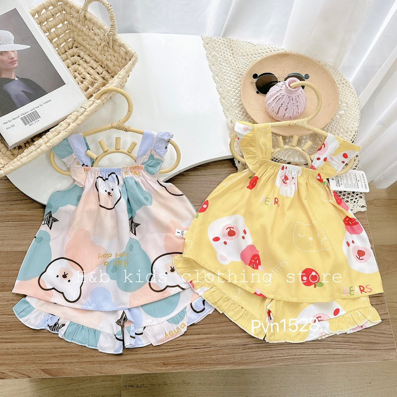 NT161 Bộ lanh lụa (tole) hai dây vai cánh tiên cho bé gái hoạ tiết xinh xắn (bảng màu 2)