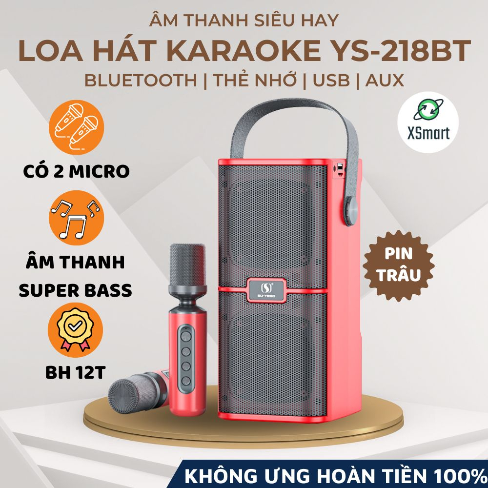 Loa Hát Karaoke Bluetooth YS-218BT 2023 Luxury Có 2 Micro Không Dây, Âm Thanh Cực Hay