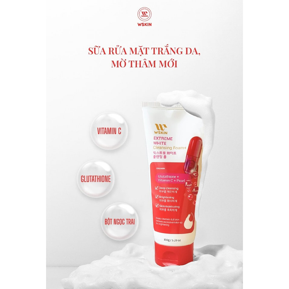 Sữa Rửa Mặt Trắng Da Wskin Extreme White Cleansing Foam Glutathione + Vitamin C + Pearl 150g