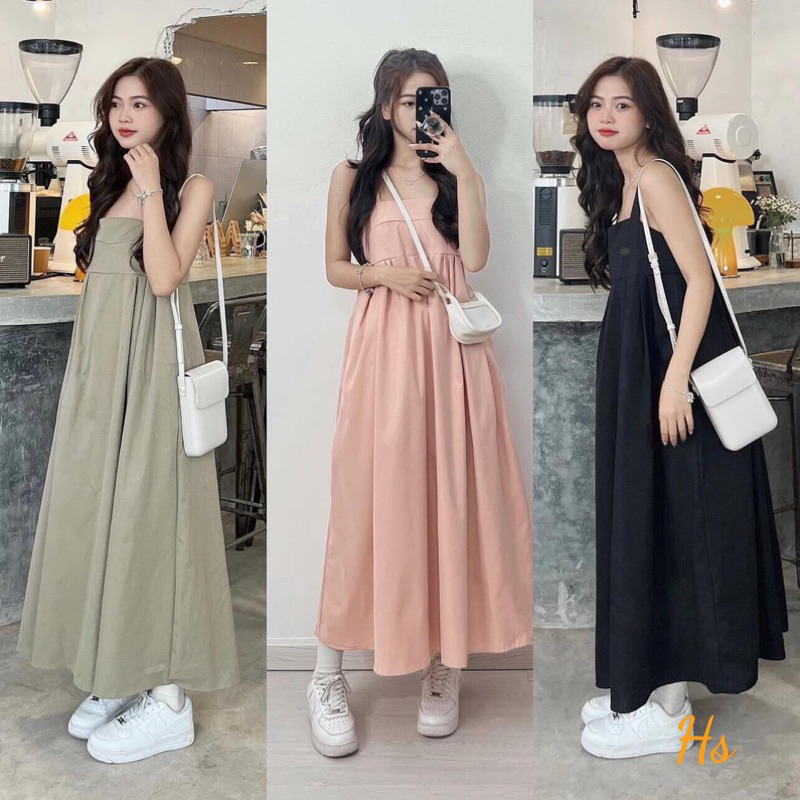 đầm maxi kaki ly ngực dài qua gối tới mắt cá chân hs
